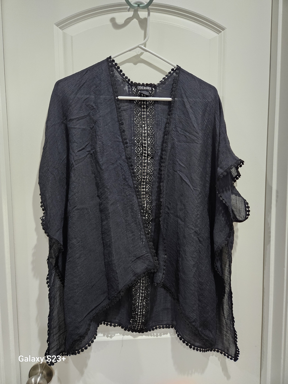 Steve Madden Black Sheer Pom-Pom Trim Open Kimono